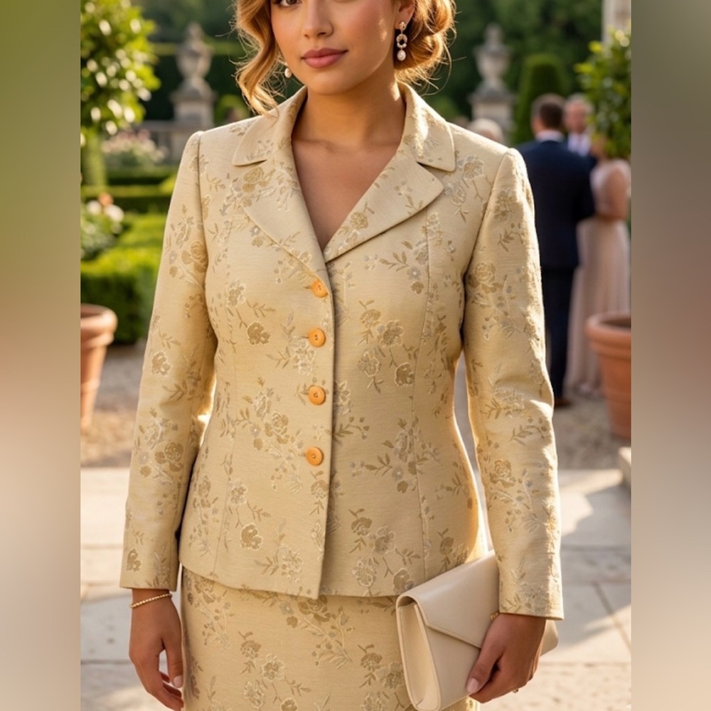 Evan-Picone Gold Floral Brocade Skirt Suit Set Size 16  Glam Professional
